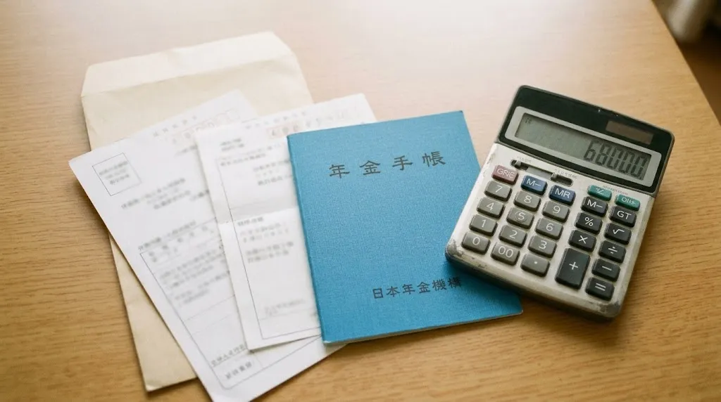机の上に置かれた年金手帳と、年金に関する通知書