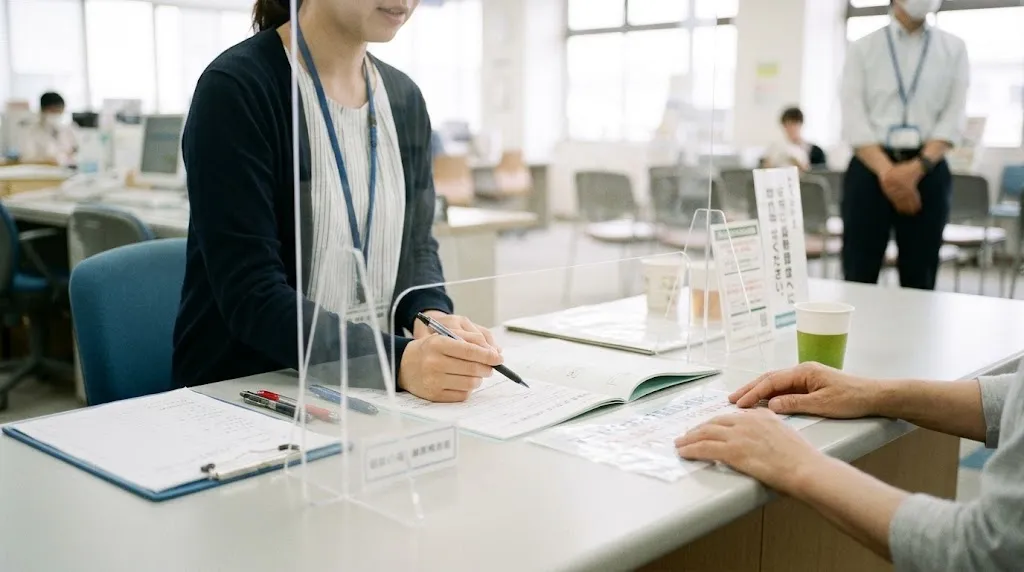 市役所の相談窓口で、職員が書類に記入しながら相談者の話を聞いている様子