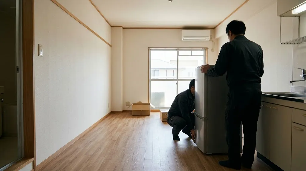 何もない部屋のキッチンに、作業員2名が冷蔵庫を運び込んで設置している様子