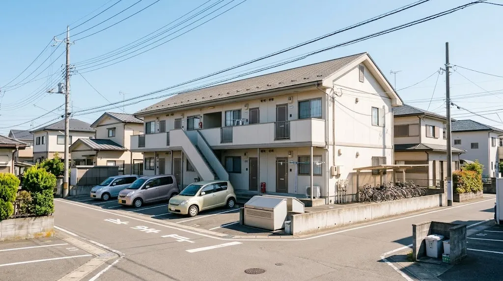 青空の下に建つ2階建ての賃貸アパートと、駐車場に停まった車