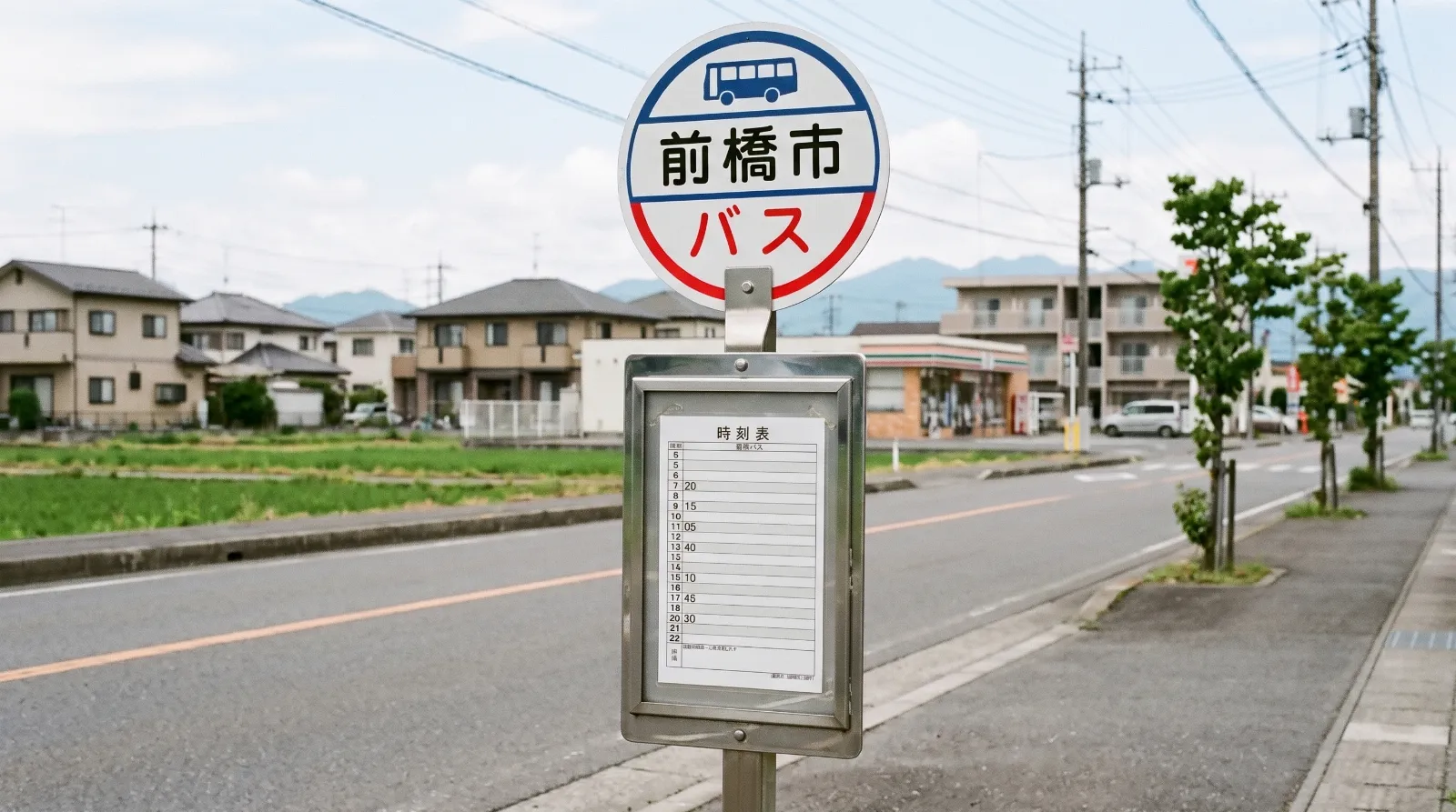前橋市のバス停。時刻表に記されている本数は限られている