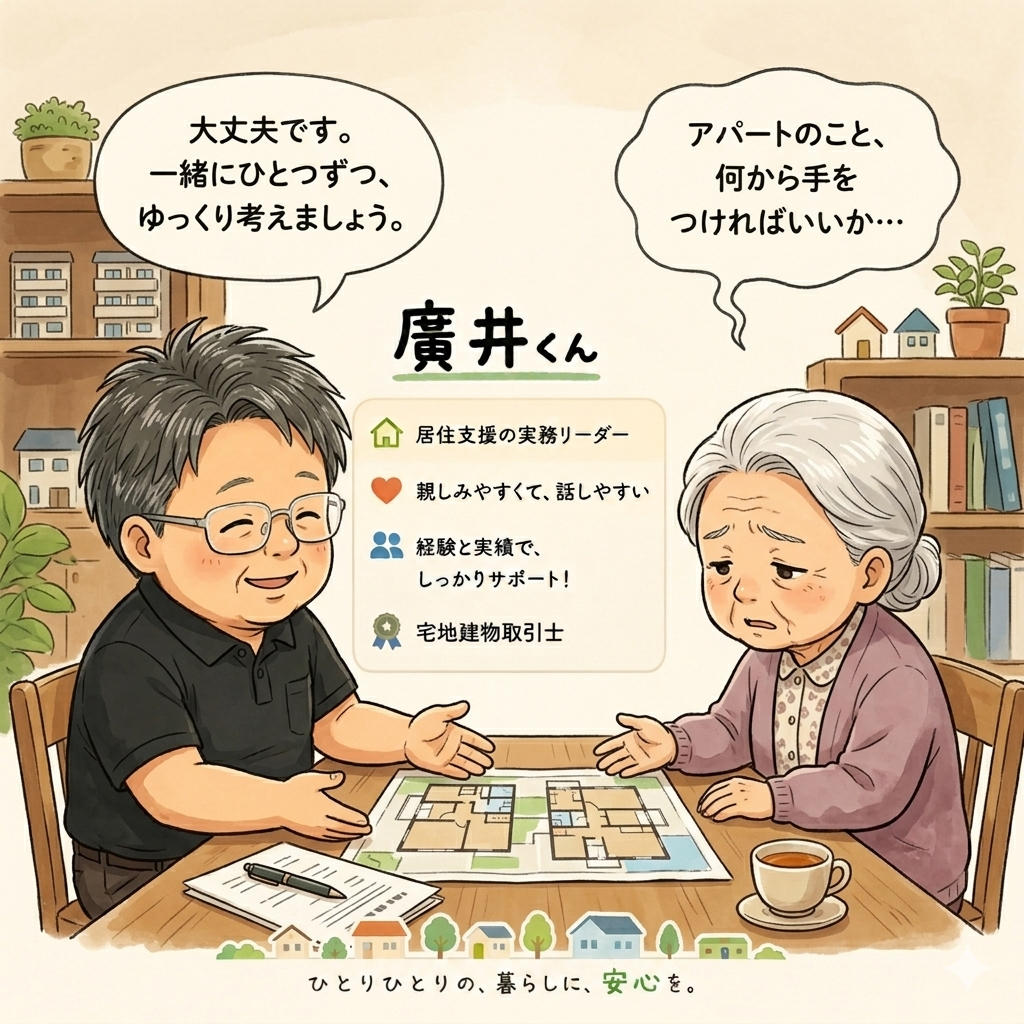 廣井くんが高齢者の相談に乗っているイラスト