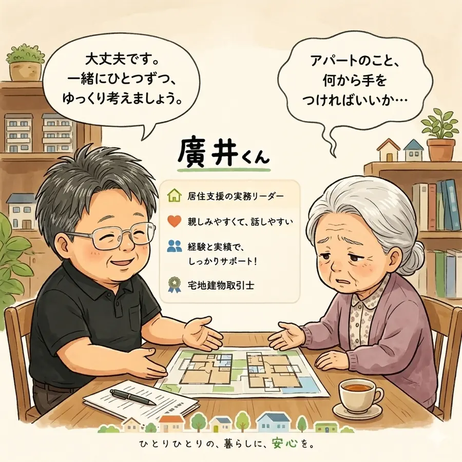廣井くんが高齢の方の相談に乗っているイラスト