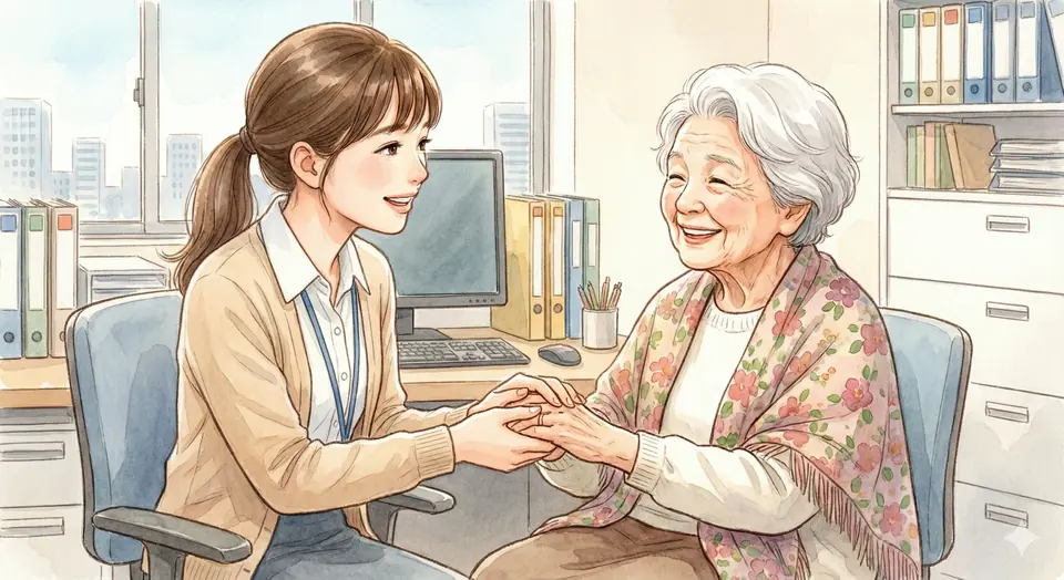 高齢の入居者に聞き取りを行う相談員のイラスト