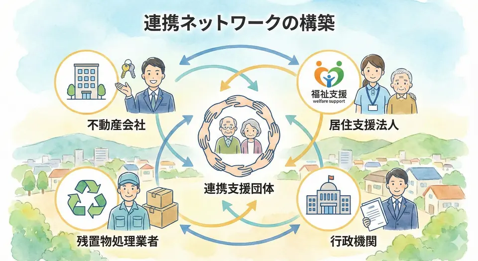 連携ネットワークの構築を表したイラスト(不動産会社・居住支援法人・残置物処理業者・行政機関)