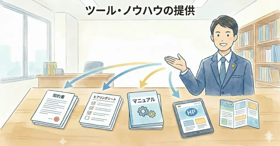契約書やマニュアルなどのツールを提供するイラスト